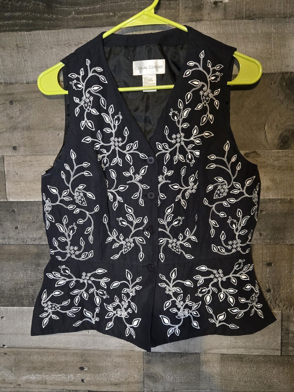 Linen Blend Black Sleeveless Button-Front Embroidered Vest